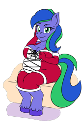 Size: 2160x3240 | Tagged: safe, artist:sonicguru, derpibooru import, oc, oc only, oc:felicity stars, anthro, unguligrade anthro, belly, breasts, christmas, christmas outfit, fat, holiday, simple background, sitting, solo, transparent background