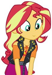 Size: 1941x2763 | Tagged: safe, artist:sketchmcreations, derpibooru import, sunset shimmer, better together, equestria girls, holidays unwrapped, c:, clothes, fascinated, female, geode of empathy, interested, jacket, leather jacket, looking at something, magical geodes, saving pinkie's pie, shoulderless, simple background, smiling, transparent background, vector