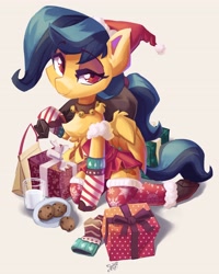 Size: 3164x3960 | Tagged: safe, artist:saxopi, derpibooru import, oc, oc only, oc:solar wind, pegasus, semi-anthro, christmas, clothes, cookie, female, holiday, mare, milk, present, socks, solo