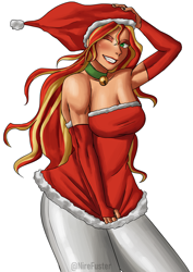 Size: 2480x3508 | Tagged: safe, artist:nire, derpibooru import, sunset shimmer, human, bell, bell collar, blushing, breasts, christmas, christmas outfit, cleavage, clothes, collar, dress, eyeshadow, female, hat, holiday, humanized, lipstick, looking at you, makeup, one eye closed, santa hat, smiling at you, solo, solo female, stupid sexy sunset shimmer, tanned, tights, wink, winking at you