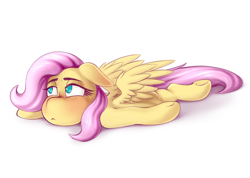 Size: 3076x2184 | Tagged: safe, artist:anon_1515, derpibooru import, fluttershy, pegasus, pony, :<, explicit source, eyebrows, female, freckles, high res, lidded eyes, lying down, on stomach, simple background, solo, solo female, spread wings, squishy, squishy cheeks, white background, wings