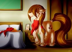 Size: 3388x2469 | Tagged: safe, artist:thebenalpha, derpibooru import, oc, oc:sweet bear, earth pony, bedroom, clothes, ear fluff, earth pony oc, hat, sad, scarf, tears of sadness