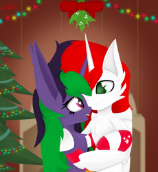 Size: 3000x3263 | Tagged: safe, artist:graphictoxin, derpibooru import, oc, oc only, oc:daren, oc:graphic toxin, alicorn, pony, unicorn, absurd resolution, big ears, bow, christmas, christmas tree, clothes, ears, fangs, female, fireplace, fluffy, garland, glowing eyes, heart, heart eyes, holiday, horn, hug, love, male, mare, mistletoe, new year, oc x oc, open mouth, shipping, smiling, socks, stallion, stars, striped socks, tree, wingding eyes, wings, wreath