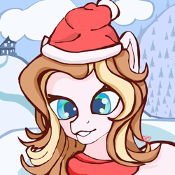 Size: 3000x3000 | Tagged: safe, artist:umbrapone, derpibooru import, oc, oc:caramel crunch, earth pony, pony, cel shading, christmas, clothes, cute, earth pony oc, female, happy, hat, holiday, looking at you, mare, scarf, shading, snow, solo, solo female