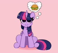 Size: 3724x3415 | Tagged: safe, artist:kittyrosie, derpibooru import, twilight sparkle, twilight sparkle (alicorn), alicorn, pony, blushing, burger, cute, female, folded wings, food, hay burger, heart, mare, pink background, simple background, sitting, smiling, that pony sure does love burgers, thinking, thought bubble, twiabetes, twilight burgkle, wings