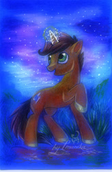 Size: 496x755 | Tagged: safe, artist:imanika, derpibooru import, oc, oc only, pony, unicorn, 2012, cutie mark, glowing horn, hooves, horn, magic, male, open mouth, raised hoof, solo, stallion, tail, traditional art