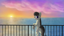 Size: 3840x2160 | Tagged: safe, artist:astralr, derpibooru import, octavia melody, earth pony, pony, cloud, female, looking at you, mare, ocean, railing, sky, solo, sunset