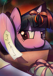 Size: 1280x1814 | Tagged: safe, artist:albertac, derpibooru import, twilight sparkle, unicorn twilight, pony, unicorn, bow, christmas, female, filly, filly twilight sparkle, happy hearth's warming, holiday, merry christmas, solo, younger