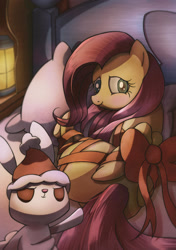 Size: 1280x1814 | Tagged: safe, artist:albertac, derpibooru import, angel bunny, fluttershy, pegasus, pony, rabbit, animal, bed, blushing, bow, butt, christmas, duo, female, flutterbutt, gift wrapped, hat, holiday, looking at you, male, mare, presenting, santa hat