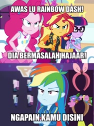 Size: 1717x2281 | Tagged: safe, derpibooru import, edit, edited screencap, screencap, pinkie pie, rainbow dash, sci-twi, sunset shimmer, twilight sparkle, equestria girls, equestria girls series, holidays unwrapped, rollercoaster of friendship, spoiler:eqg series (season 2), angry, caption, comic, dashing through the mall, equestria girls drama, female, fight, geode of empathy, geode of sugar bombs, geode of super speed, geode of telekinesis, holidays unwrapped drama, image macro, indonesian, magical geodes, meme, pinkie pie is not amused, rainbow dash is not amused, screencap comic, sunset shimmer is not amused, text, translated in the comments, twilight is not amused, unamused