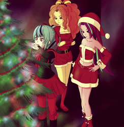 Size: 1024x1050 | Tagged: safe, artist:kuya64, derpibooru import, adagio dazzle, aria blaze, sonata dusk, equestria girls, adoragio, ariabetes, bare shoulders, christmas, christmas tree, cute, decorating, female, holiday, open mouth, sleeveless, sonatabetes, strapless, tree, trio, trio female