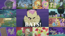Size: 1986x1117 | Tagged: safe, derpibooru import, edit, edited screencap, editor:quoterific, screencap, applejack, fluttershy, pinkie pie, rainbow dash, rarity, spike, twilight sparkle, twilight sparkle (alicorn), alicorn, bat, bat pony, earth pony, fruit bat, pegasus, pony, unicorn, vampire fruit bat, bats!, apple, apple tree, bat ponified, female, flutterbat, golden oaks library, hazmat suit, mane six, mare, race swap, tree