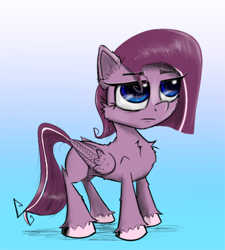 Size: 1200x1336 | Tagged: safe, artist:chopsticks, derpibooru import, oc, oc only, oc:cookie cutter, pegasus, pony, chest fluff, ear fluff, female, filly, simple background, solo, unamused, unshorn fetlocks