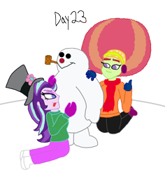 Size: 1280x1358 | Tagged: safe, artist:horroraceman93, derpibooru import, starlight glimmer, tree hugger, equestria girls, afro, christmas, female, frosty the snowman, hat, holiday, lesbian, shipping, simple background, starhugger, tongue out, transparent background