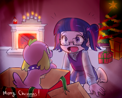 Size: 1500x1200 | Tagged: safe, artist:haden-2375, derpibooru import, sci-twi, spike, twilight sparkle, dog, equestria girls, baby, baby spike, candle, child, christmas, christmas lights, christmas tree, clothes, cute, fire, fireplace, glasses, holiday, open mouth, pigtails, present, puppy, spikabetes, stockings, thigh highs, tree, twiabetes, younger