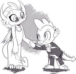 Size: 891x871 | Tagged: safe, artist:nauyaco, derpibooru import, smolder, spike, dragon, blushing, clothes, dress, female, grayscale, male, monochrome, shipping, spolder, straight, tuxedo