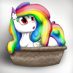 Size: 1440x1440 | Tagged: safe, artist:ladylullabystar, artist:tracerpainter, derpibooru import, oc, oc:rainbow drips, pegasus, pony, basket, rainbow, smol, solo