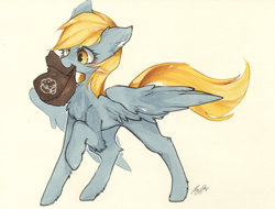 Size: 2234x1700 | Tagged: safe, artist:di youyou, artist:狄优优, derpibooru import, derpy hooves, pegasus, pony, bag, blushing, chest fluff, cute, derp, derpabetes, ear fluff, female, leg fluff, mare, mouth hold, paper bag, pixiv, raised hoof, simple background, solo, traditional art, watercolor painting, white background, yellow background