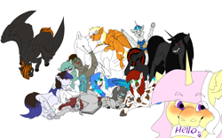 Size: 3856x2411 | Tagged: safe, artist:anelaponela, derpibooru import, oc, oc:agricola, oc:keupoz, oc:nub, oc:queen stan, bat pony, changeling, changeling queen, cow, earth pony, pegasus, unicorn, changeling queen oc, looking at you, smiley face, smiling