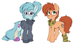 Size: 1993x1172 | Tagged: safe, artist:rexyseven, derpibooru exclusive, derpibooru import, oc, oc only, oc:rusty gears, oc:whispy slippers, earth pony, pony, 2021 community collab, clothes, derpibooru community collaboration, duo, female, freckles, glasses, heterochromia, mare, scarf, simple background, slippers, sock, socks, striped socks, sweater, transparent background, turtleneck