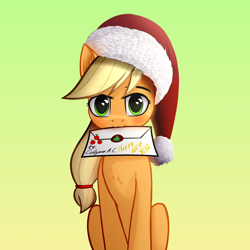 Size: 3000x3000 | Tagged: safe, alternate version, artist:colourwave, derpibooru import, applejack, earth pony, pony, christmas, cute, cyrillic, delivery, female, gradient background, happy new year, hat, holiday, jackabetes, letter, letter in mouth, looking at you, mare, merry christmas, mouth hold, santa hat, sitting