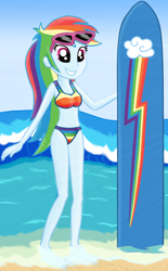 Size: 1622x2613 | Tagged: safe, artist:majkashinoda626, derpibooru import, rainbow dash, equestria girls, barefoot, beach, belly button, bikini, clothes, cropped, cute, dashabetes, feet, female, solo, sunglasses, surfboard, swimsuit