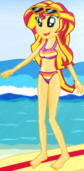 Size: 1172x2391 | Tagged: safe, artist:majkashinoda626, derpibooru import, sunset shimmer, equestria girls, barefoot, beach, belly button, bikini, clothes, cropped, feet, female, shimmerbetes, solo, sunglasses, surfboard, swimsuit