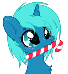 Size: 2572x2826 | Tagged: safe, artist:lazuli, artist:rioshi, artist:starshade, derpibooru import, oc, oc only, oc:turquoise dreams, pony, unicorn, base used, candy, candy cane, commission, cute, female, food, mare, simple background, solo, white background, ych result, your character here