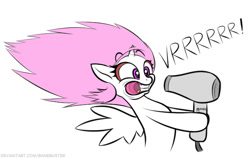 Size: 610x385 | Tagged: safe, artist:banebuster, derpibooru import, princess celestia, alicorn, pony, series:tiny tia, blowing, cewestia, cute, cutelestia, female, filly, hair dryer, holding, pink-mane celestia, sillestia, silly, silly pony, simple background, white background, younger
