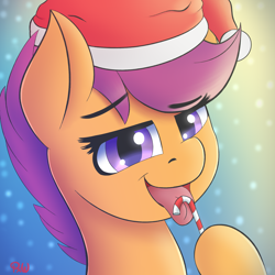Size: 1800x1800 | Tagged: safe, artist:ponyxwright, derpibooru import, scootaloo, pegasus, pony, bust, candy, candy cane, christmas, food, gradient background, hat, holiday, licking, santa hat, solo, tongue out