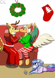 Size: 2480x3508 | Tagged: safe, artist:cyborglucario, derpibooru import, oc, oc only, oc:misty tailwind, oc:mystic fire, oc:river tailwind, bat pony, kirin, christmas, christmas stocking, clothes, dreidel, female, holiday, kissing, lesbian, sweater, wreath