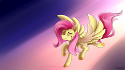 Size: 1920x1080 | Tagged: safe, artist:shadowblazearts, derpibooru import, fluttershy, pegasus, pony, colored hooves, cute, eyes closed, female, gradient background, mare, raised hoof, shyabetes, smiling, solo, spread wings, three quarter view, two toned wings, wallpaper, wings