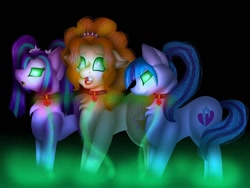 Size: 1080x810 | Tagged: safe, artist:rxndxm.artist, derpibooru import, adagio dazzle, aria blaze, sonata dusk, pony, :o, black background, chest fluff, equestria girls ponified, female, glowing eyes, jewelry, mare, necklace, open mouth, ponified, simple background, smiling, the dazzlings