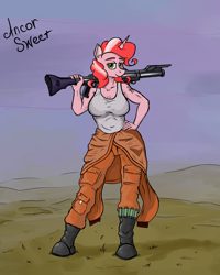 Size: 1600x2000 | Tagged: safe, artist:borsch-zebrovich, derpibooru import, oc, oc:ancor sweet, anthro, plantigrade anthro, breasts, clothes, dc-15, digital art, female, gun, looking at you, overalls, rifle, shirt, solo, star wars, t-shirt, weapon