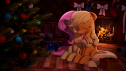 Size: 3840x2160 | Tagged: safe, artist:owlpirate, derpibooru import, applejack, fluttershy, earth pony, pegasus, pony, 3d, appleshy, christmas, christmas tree, cuddling, eyes closed, female, fire, fireplace, high res, holiday, hug, lesbian, mare, sfm pony, shipping, sitting, tree