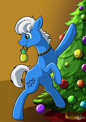 Size: 1024x1446 | Tagged: safe, artist:littletigressda, artist:moonlightfan, derpibooru import, oc, earth pony, pony, christmas, christmas tree, holiday, ornament, solo, tree