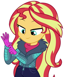 Size: 2556x3094 | Tagged: safe, artist:sketchmcreations, derpibooru import, sunset shimmer, better together, equestria girls, holidays unwrapped, clothes, coat, dressing, female, getting dressed, gloves, saving pinkie's pie, simple background, smiling, transparent background, vector, winter outfit