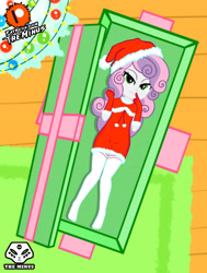 Size: 2650x3507 | Tagged: safe, artist:theminus, derpibooru import, sweetie belle, equestria girls, bedroom eyes, christmas, clothes, costume, gloves, hat, holiday, long gloves, looking at you, patreon, patreon logo, santa costume, santa hat, socks, stocking feet, stockings, thigh highs