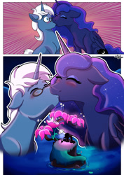 Size: 1280x1807 | Tagged: safe, artist:littletigressda, derpibooru import, princess luna, oc, oc:astral ink, alicorn, pony, unicorn, comic, commission, dream realm, fanfic, fanfic art, kissing