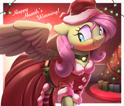 Size: 4000x3414 | Tagged: safe, artist:nookprint, derpibooru import, fluttershy, pegasus, pony, bell, bell collar, blushing, christmas, christmas tree, clothes, collar, costume, cute, hat, hearth's warming eve, holiday, santa costume, santa hat, shyabetes, sleigh bells, smiling, solo, spread wings, tree, wings