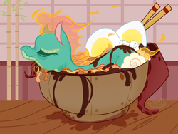 Size: 4000x3000 | Tagged: safe, artist:scarffist, derpibooru import, tianhuo, dragon, hybrid, longma, them's fightin' herds, bowl, chopsticks, community related, egg, eyes closed, food, longma in food, noodles, ponies in food, solo