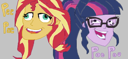 Size: 956x443 | Tagged: safe, derpibooru import, sci-twi, sunset shimmer, twilight sparkle, equestria girls, creepy, derp, glasses, laughing, zimbabwe