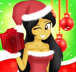 Size: 1466x1376 | Tagged: safe, artist:danielitamlp, oc, oc only, oc:danielita, equestria girls, bare shoulders, breasts, christmas, cleavage, clothes, equestria girls-ified, female, gloves, holding, holiday, one eye closed, present, solo, strapless, wink