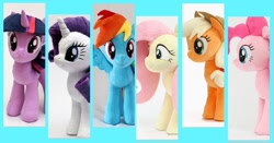 Size: 1016x533 | Tagged: safe, artist:nekokevin, applejack, fluttershy, pinkie pie, rainbow dash, rarity, twilight sparkle, unicorn twilight, earth pony, pegasus, pony, unicorn, applejack's hat, cowboy hat, female, freckles, hat, irl, looking at you, mane six, mare, photo, plushie, side view, smiling, spread wings, wings