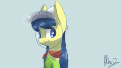 Size: 1920x1080 | Tagged: safe, artist:aliceg, fiddlesticks, earth pony, pony, gorgoalice daily pony, blue background, blue eyes, blue hair, blue mane, clothes, ears, female, hat, looking to side, looking to the right, mare, scarf, shirt, simple background, smiling, solo, yellow coat