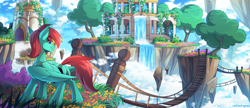 Size: 2500x1080 | Tagged: safe, artist:redchetgreen, oc, oc only, pegasus, pony, bridge, building, cloud, floating island, high res, male, pegasus oc, scenery, scenery porn, sky, smiling, solo, temple, tree, waterfall