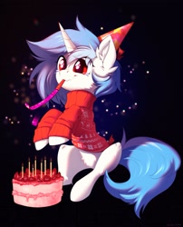 Size: 2555x3167 | Tagged: safe, artist:vincher, derpibooru import, oc, oc only, pony, unicorn, abstract background, birthday, birthday cake, cake, candle, clothes, commission, crying, ear fluff, eye clipping through hair, female, food, hat, mare, not vinyl scratch, party hat, party horn, pubic fluff, sitting, smiling, solo, strawberry, sweater, tears of joy