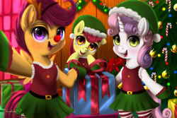 Size: 3150x2100 | Tagged: safe, artist:darksly, derpibooru import, apple bloom, scootaloo, sweetie belle, earth pony, pegasus, semi-anthro, unicorn, christmas, christmas tree, clothes, costume, cutie mark crusaders, elf costume, female, filly, holiday, open mouth, present, red nose, tree, trio