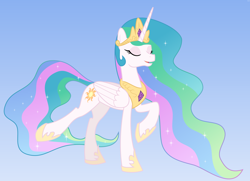 Size: 5300x3840 | Tagged: safe, artist:byteslice, derpibooru import, princess celestia, alicorn, pony, .svg available, eyes closed, female, folded wings, gradient background, mare, raised hoof, smiling, solo, standing, svg, vector, wings