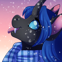 Size: 1000x1000 | Tagged: safe, artist:strawberryneko, derpibooru import, oc, oc only, oc:swift dawn, changeling, blue changeling, blue eyes, blue scarf, bust, catching snowflakes, changeling oc, clothes, cute, fangs, gradient background, horn, icon, looking up, portrait, scarf, simple background, snow, snowfall, sunset, tongue out, winter